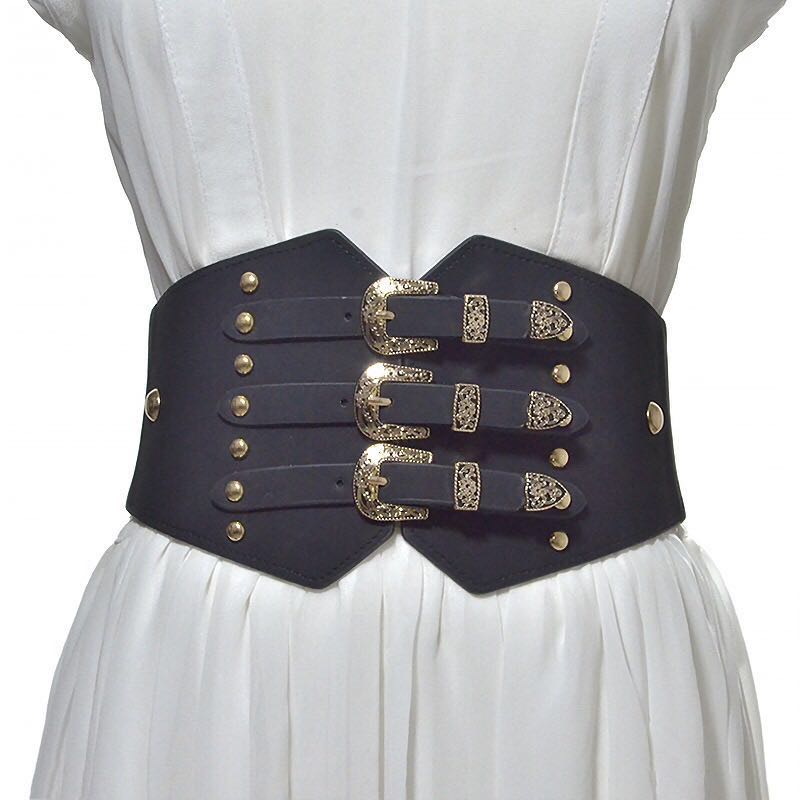 European and American new girdle  vintage pattern buckle leather-like elastic wide belt