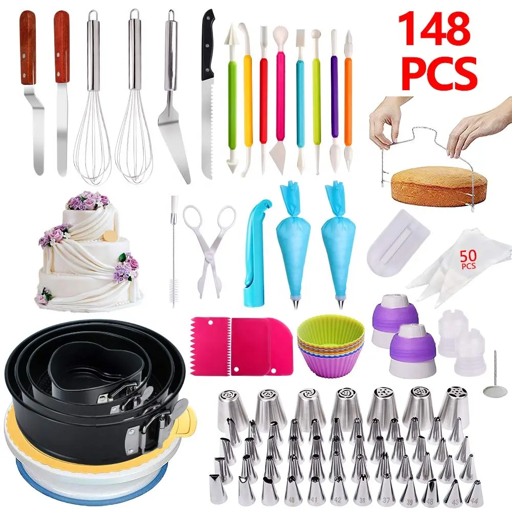 Custom Cake Decorating Supplies 148 PCS Complete Set Perfect Fondant Cake Baking Tools Kit Springform Pan Silicone Cupcake Molds