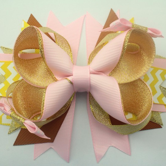 gold & pink zigzag ribbon hair bows boutique hair bows for girl