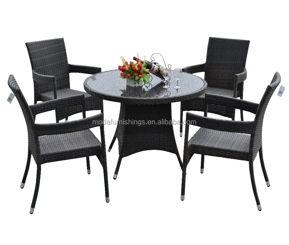 5PC Hot Sale Garden Wicker Dinning Table and Chairs Aluminum Frame Modern Leisure Patio Rattan Round Dining Table Set