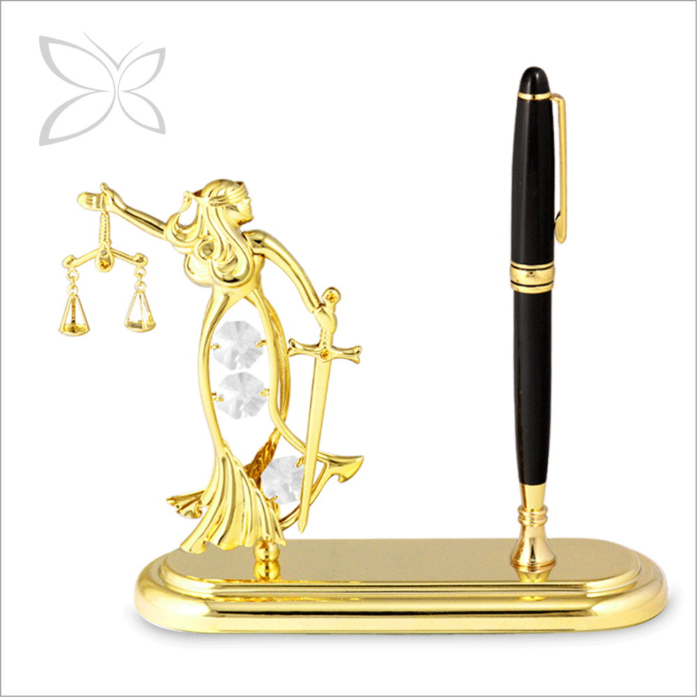 Crystocraft Gold Plated Goddess of Justice with Brilliant Cut Crystals Metal Desk Pen Holder