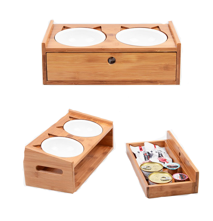 Pet Двойной Собака миски. Бамбук повышенные собака кошка еда и вода чаши Pet Bowl