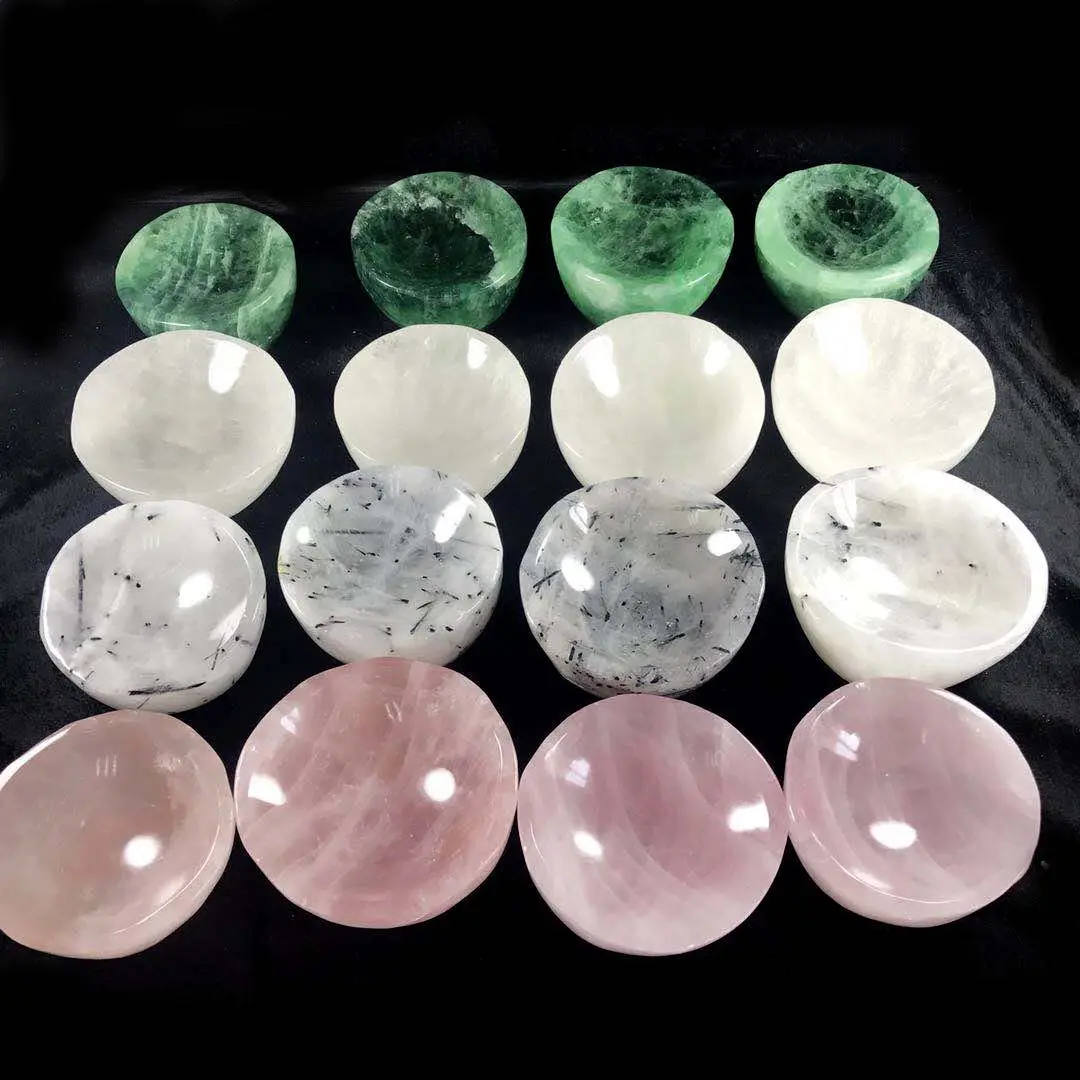 Hand carved natural clear rose fluorite tourmaline quartz crystal bowls gemstone fruit decoration