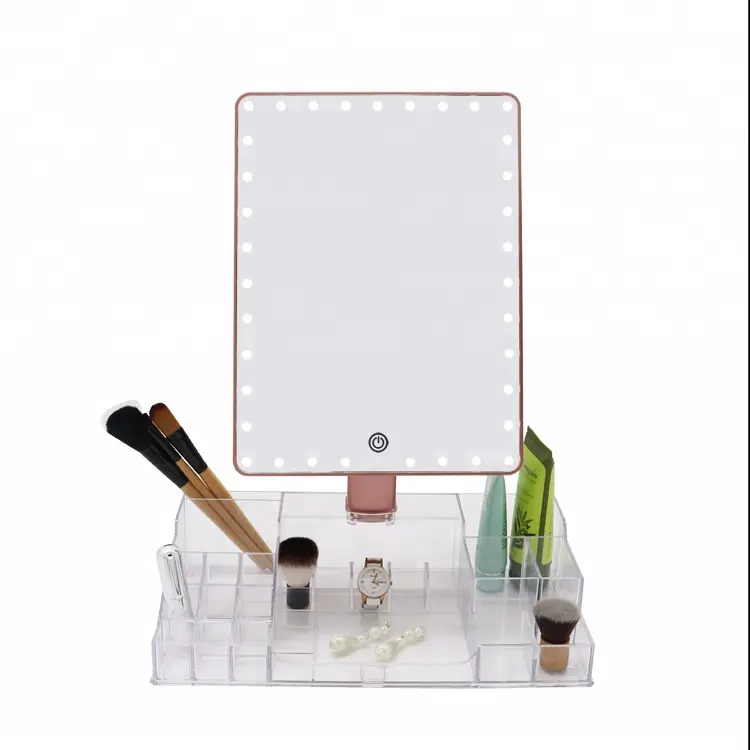 Cosmetic Box Touchscreen Dimmable table gold color led lighted makeup vanity mirror with organizer
