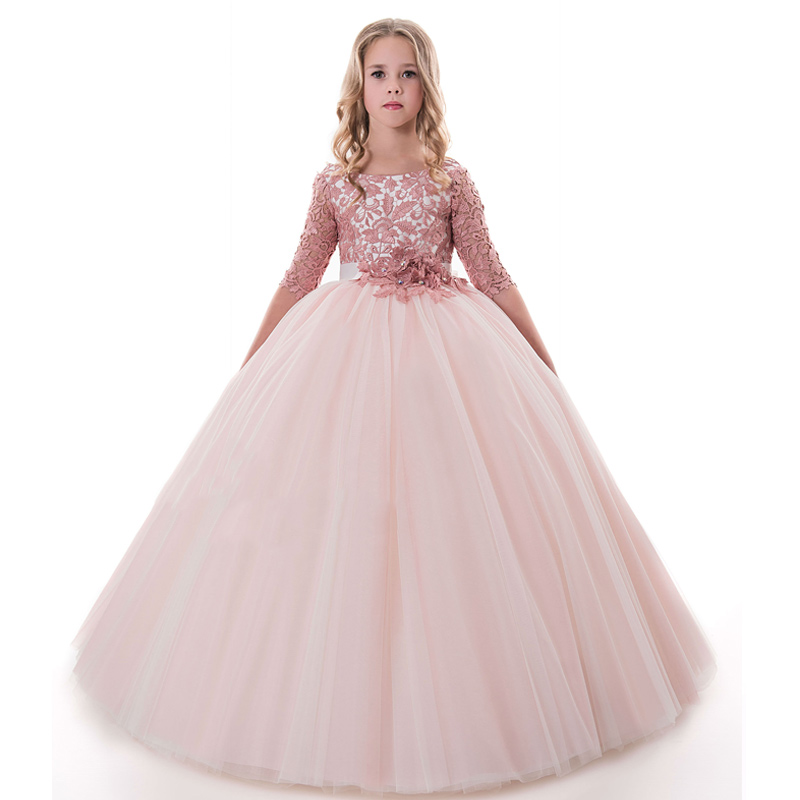 pink little girls dresses tulle long kids ball gown fancy girls party dress