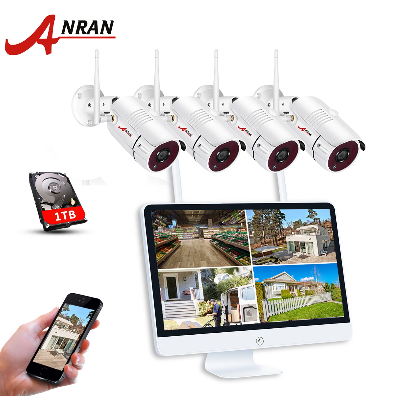 ANRAN 8CH CCTV система 1080P CCTV NVR беспроводная Wi-Fi наружная камера видеонаблюдения комплект с 15''High definition LCD