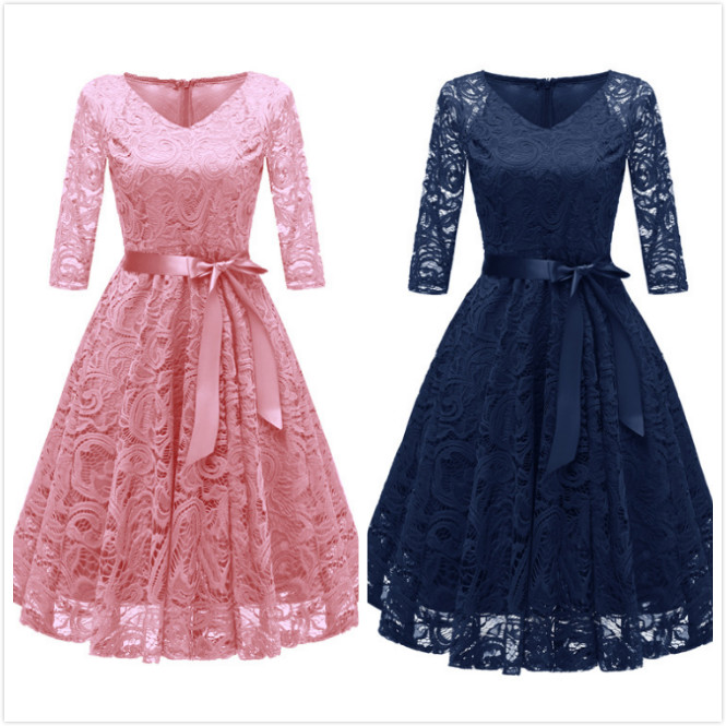 Wholesale lady skirt hot sexy V seven sleeves cheap women lace dresses custom