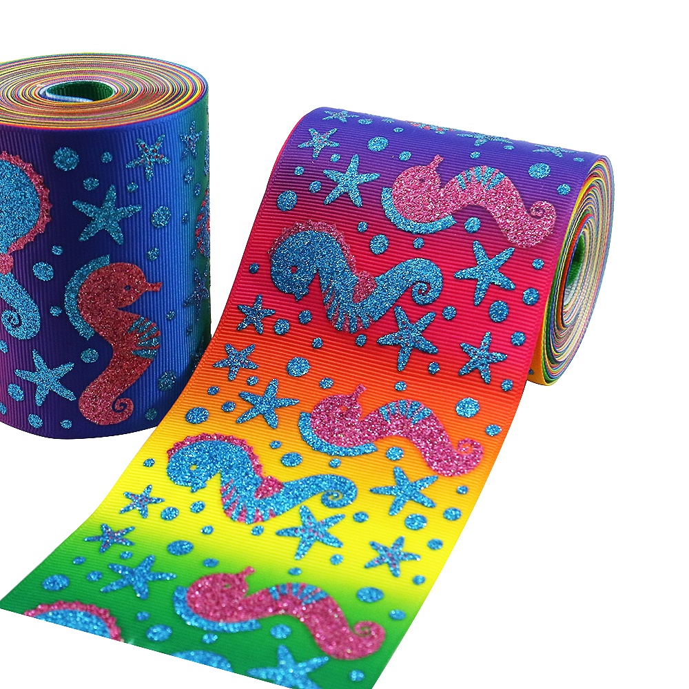 Блеск Seahorse печатных Grosgrain ленты для волос Лук 62768