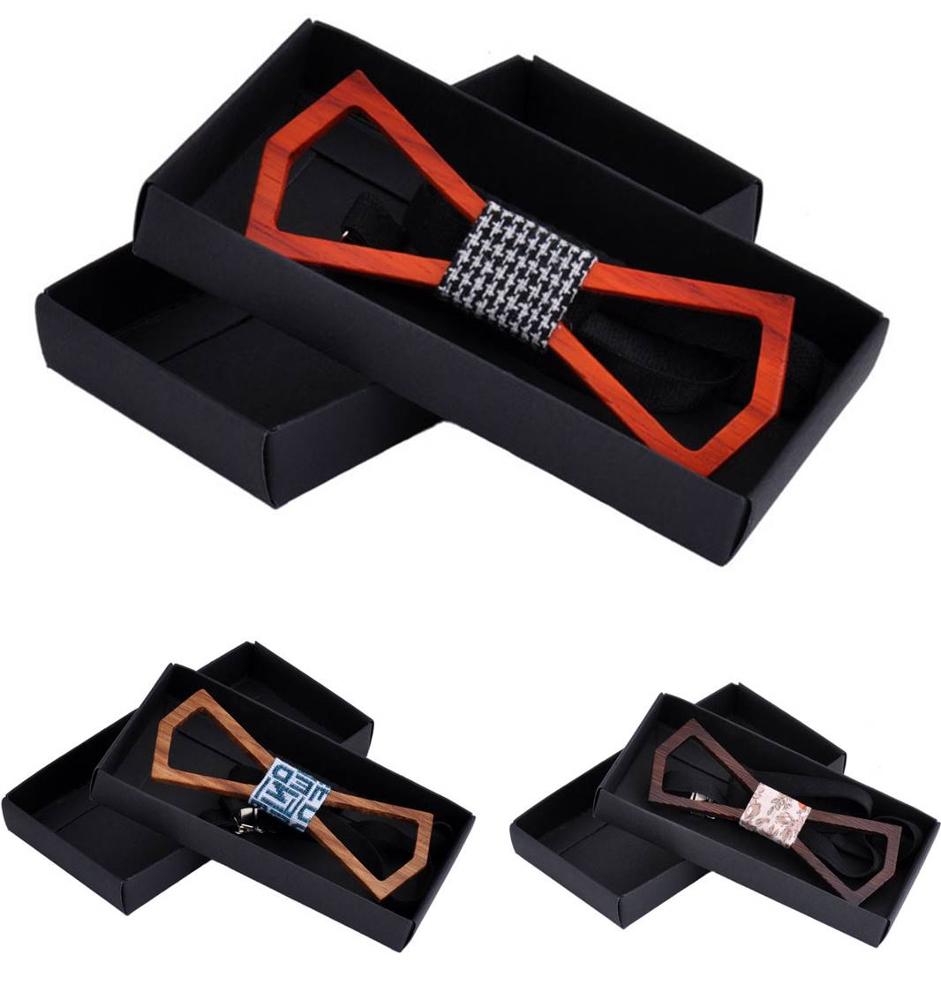 High-end mens wooden bowtie set with wooden gift box Customized wood bow tie and pocket square set
