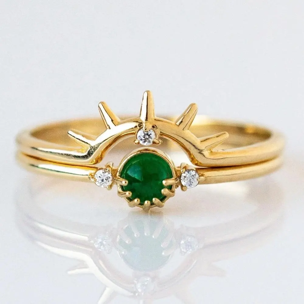 Trendy Stacked 925 Sterling Silver Cubic Zirconia Emerald Sun Ring Set