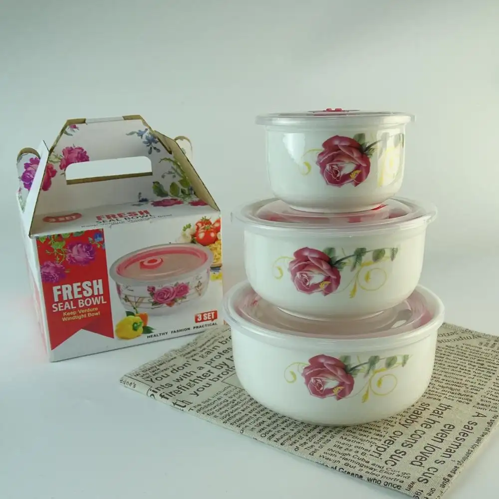 3pcs/Set Ceramic Crisper Bowl Porcelain Fresh Bowl Ceramic Salad Bowl Microware Oven Safe with Plastic Lids