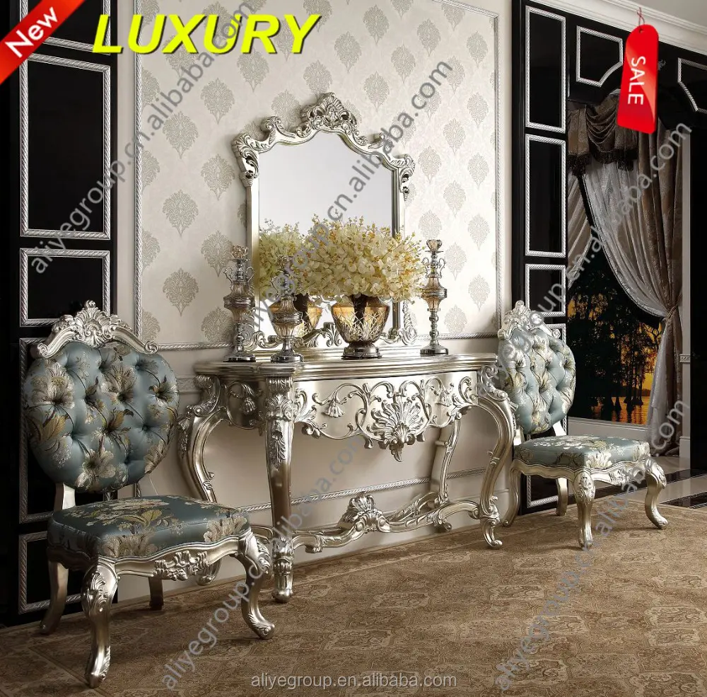 Luxury hard wood armchair furniture silver console table with mirror carved -LSNC03