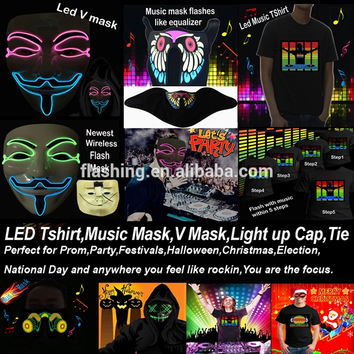 High quality Halloween Party Cosplay Props LED Light up Rave Mask Flashing Sound Activated EL Panel mask for DJ,Club,Halloween