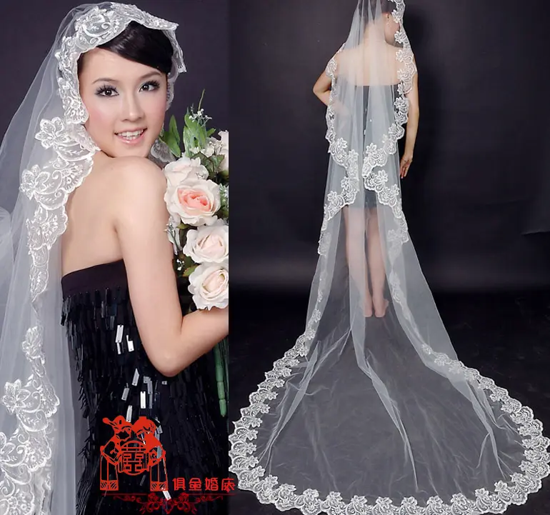 1.5-3 Meter Champagne/white/red/ivory color Long Single-layer Embroidery Lace Bridal Wedding Veil