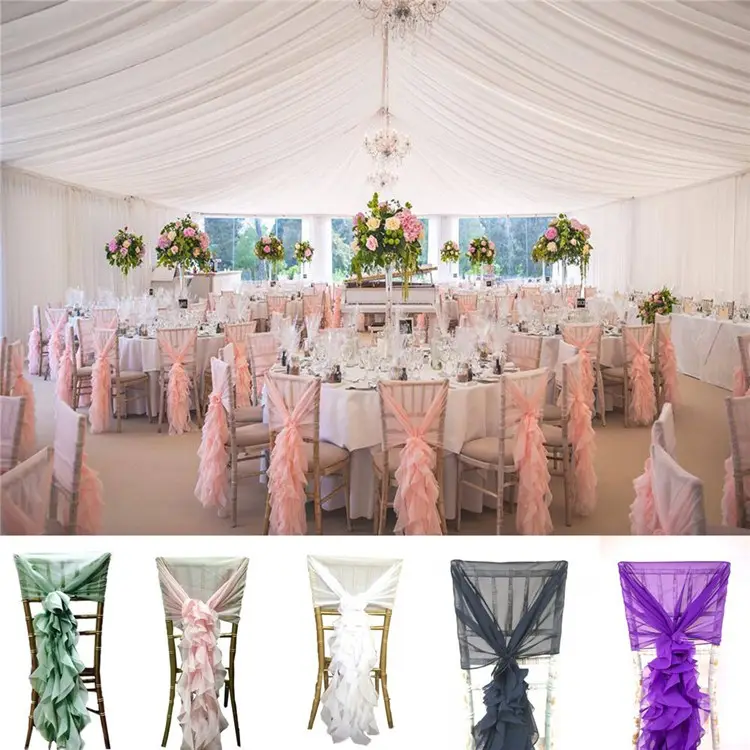 dark pink and ivory Elegant chiffon ruffled banquet chair covers chiffon chair sash hood for wedding