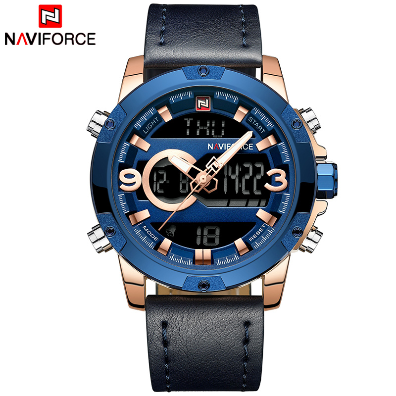 Мужские водонепроницаемые спортивные часы NAVIFORCE 9097 с двойным дисплеем, светодиодные цифровые наручные часы с кожаным ремешком, часы naviforce montre