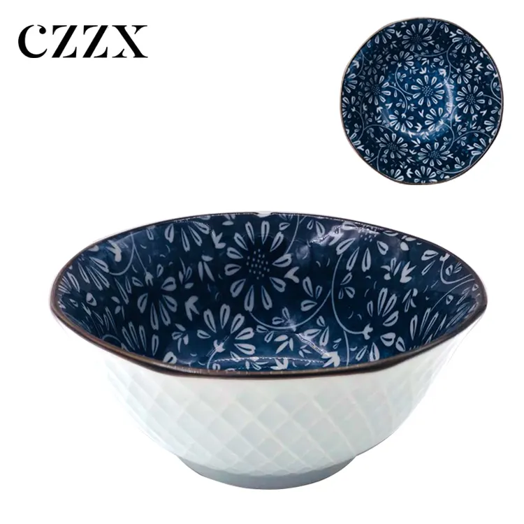 Rice Bowl China Factory Wholesale 5" Inner Blue Octagonal Under Glazing Embossed Ceramic Japan Noodle Soup Rice Food Bowl