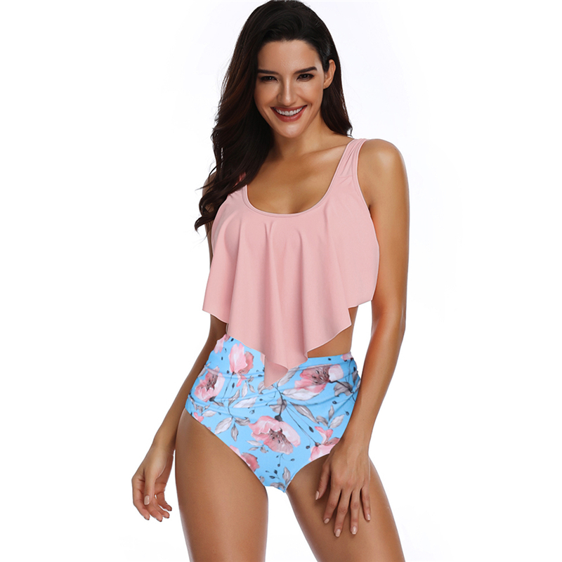 Womens Swimsuit Bikini Set High Waist Tankini Beachwear Ruffled Top With Swim Bottom Bathing Suit