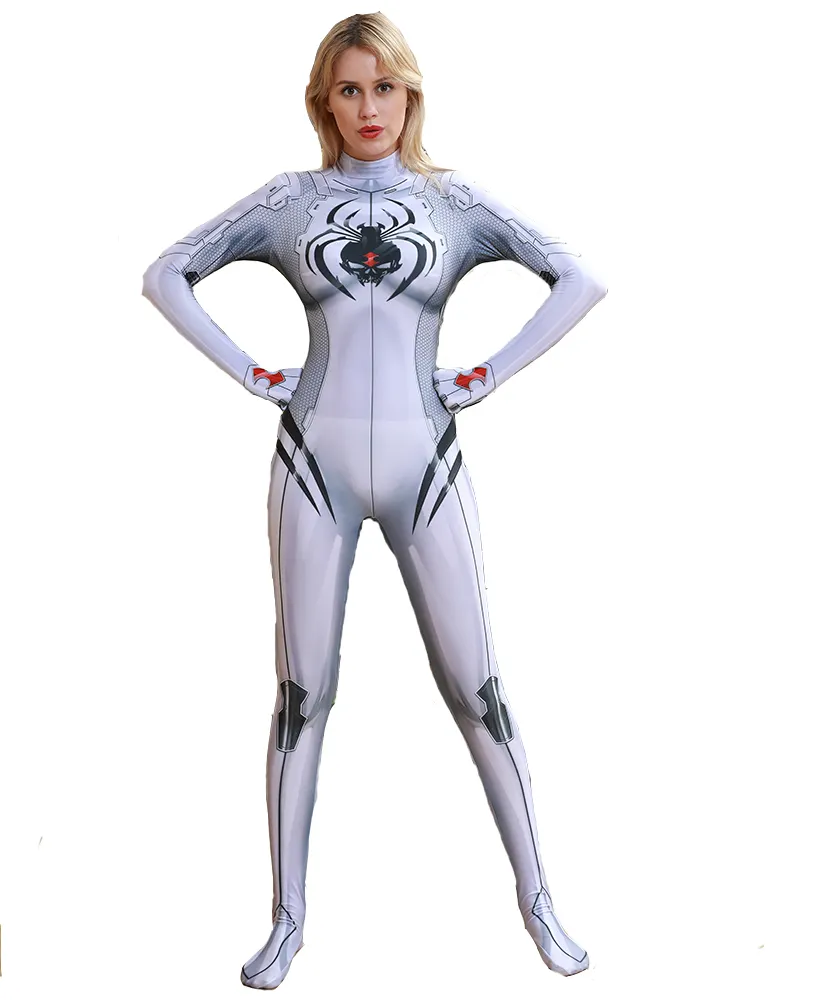 Women's Spider Bodysuit White Jamie Tyndall Widow Cosplay Costume Lycra Spandex Zentai Spiderwoman Halloween Costume