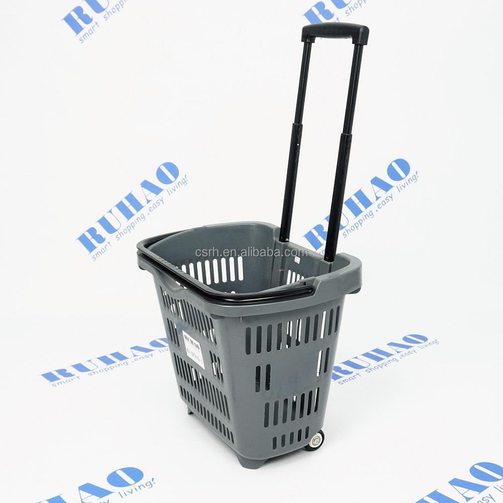 Factory Sale High Quality 45L Supermart Use Rolling Plastic Shopping Basket Telescoping Handle And Wheels