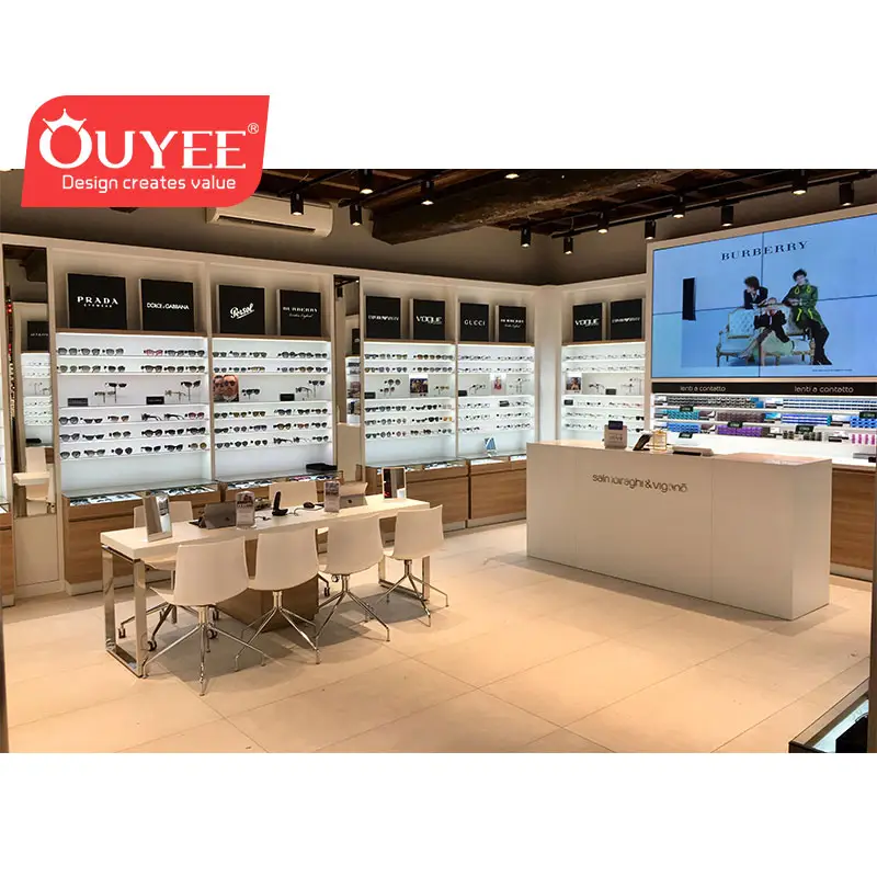 Customized shop decoration MDF optical shop furniture wooden sunglasses display cabinet for optical shop interior design