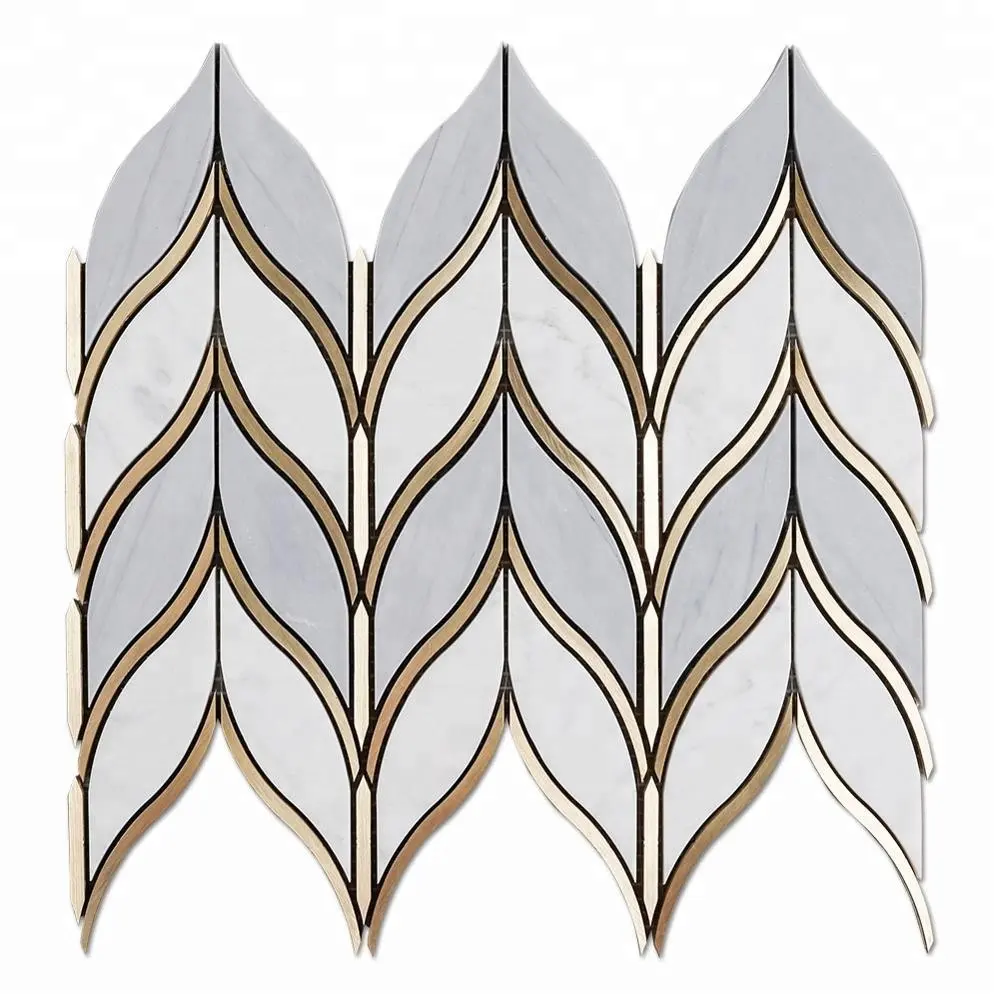 Latin Grey and Carrara Marble and Brass Leaf Shaped Waterjet Mosaic Tile