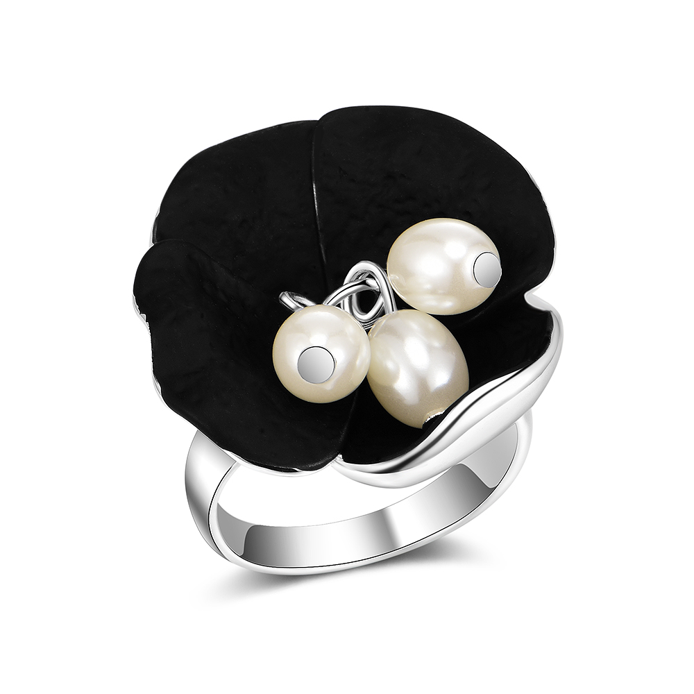 Hot Sale Retro Style Black Flower Rings White Gold Plated Pearl Ring