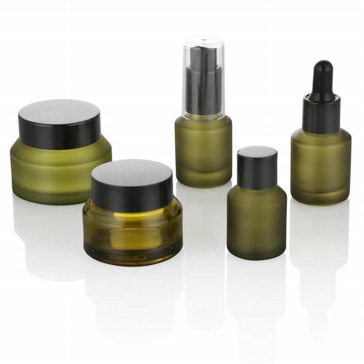 Luxury Cosmetic Packaging 30ml Glass Jar 15ml 30ml 50ml 60ml 125ml Green Frosted Glass Bottles Glass Jars