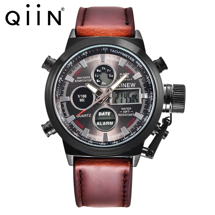 XN1373 Men Watches Leather Band Dual Time Digital Quartz Wristwatch
