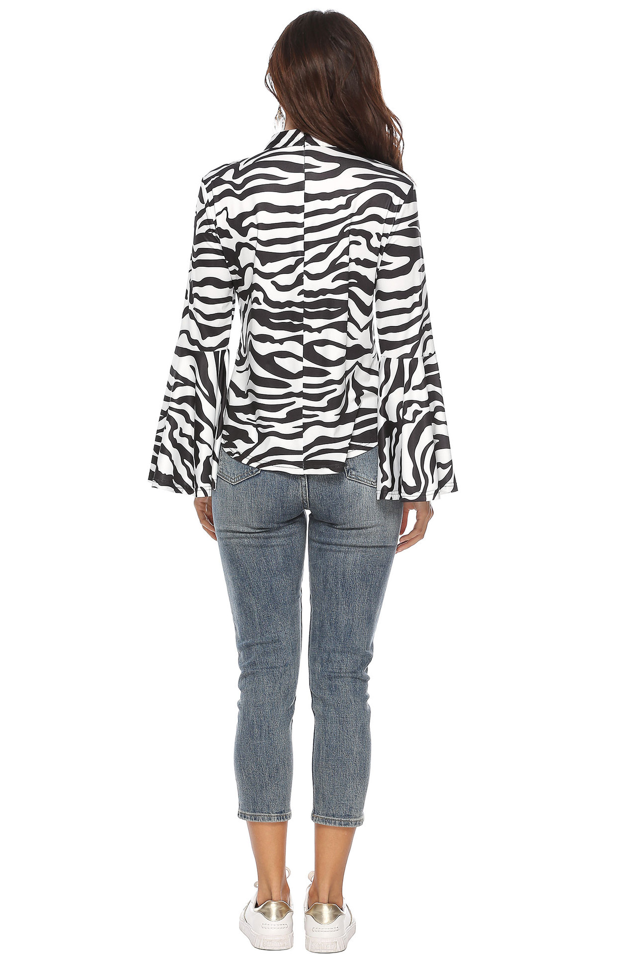 Короткий стиль женщины zebra-stripe choker bell ruffle sleeve shirt
