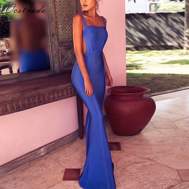 Free shipping Ocstrade Woman Long Dress Elegant Party 2017 New Arrivals Ladies Blue Hollow Out Sexy Long Maxi Bandage Dress
