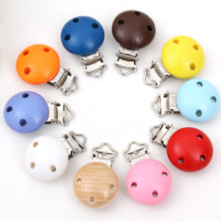 Custom Color Round Shape Wooden Baby Teether Pacifier Clip