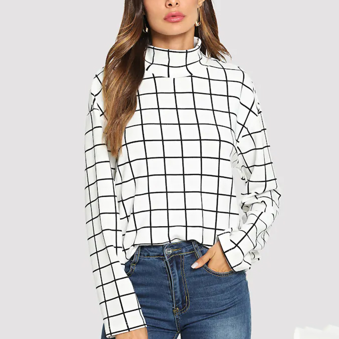 custom new fashion high neck plaid print women long sleeve blouse