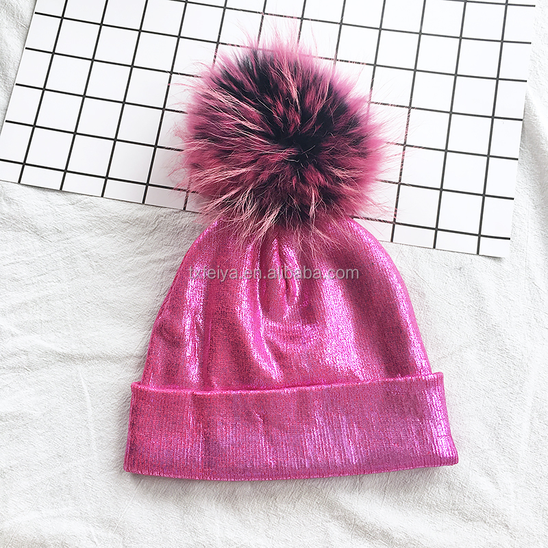 Pom hat 100% натуральный мех енота шляпа Золото Серебро Блестящий Bling вязаные с натуральным меховым помпоном мяч шапочки
