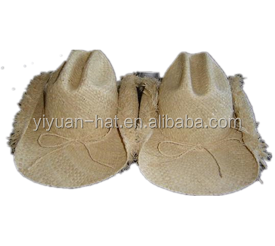 High Quality Fringed Rolling Up Brim Natural Raffia Straw Cowgirl Cowboy Hats With Raffia Trimming
