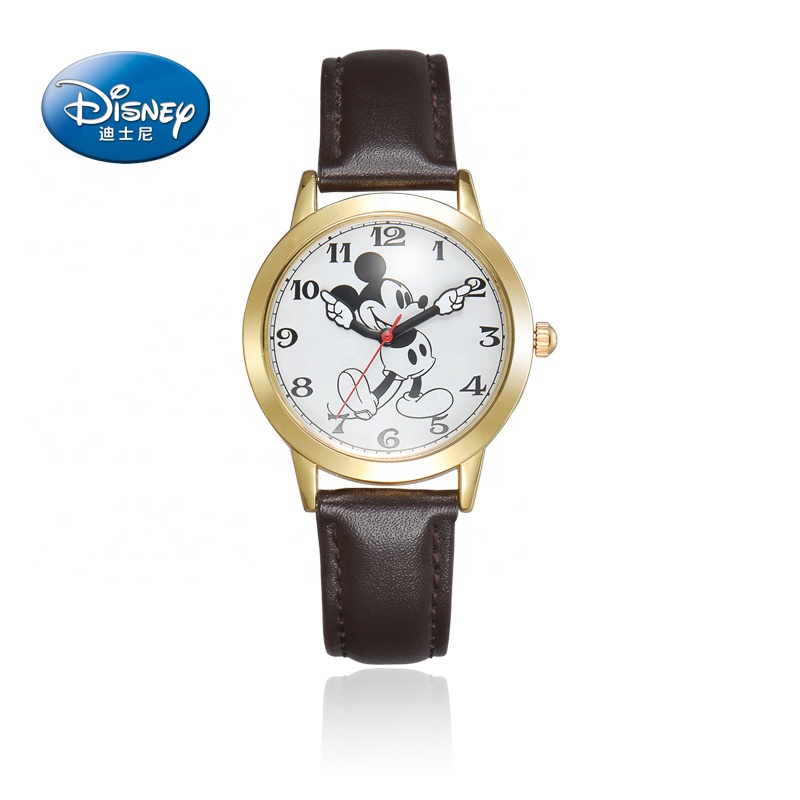 Disney Авторизованная фабрика пользовательский Микки мультфильм циферблат детские кожаные золотые часы для детей