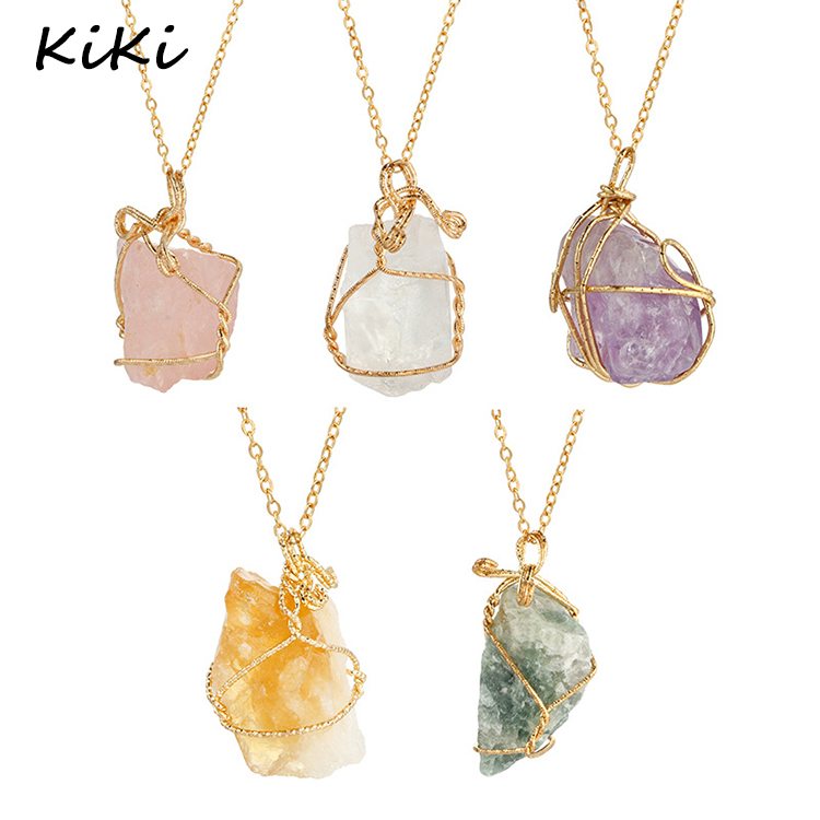>>>Handmade Irregular Natural Stone Amethyst Pendant Necklaces Gold Plated Rose Quartz Crystal Wire Wrapped Necklace For Women/