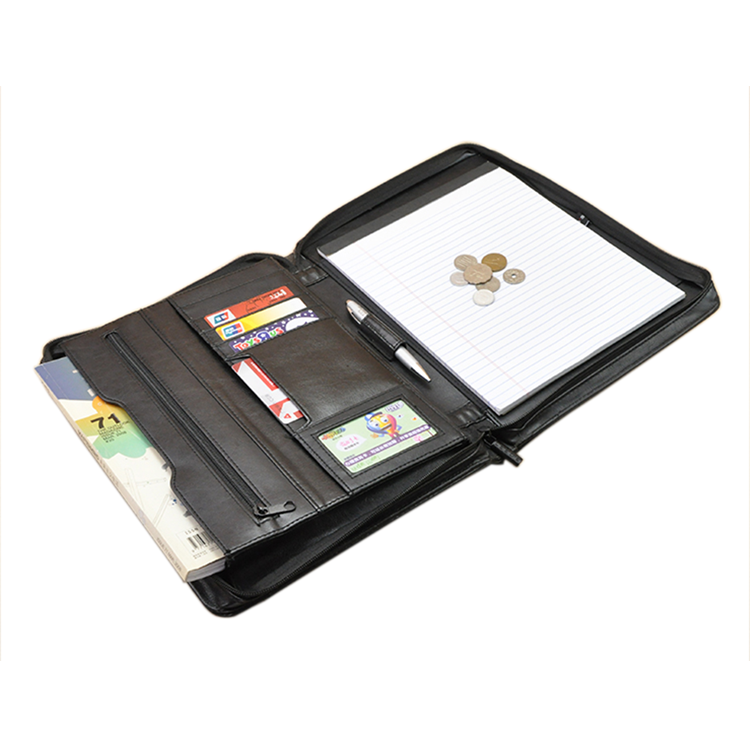 Refillable business genuine leather resume zip portfolio with handle