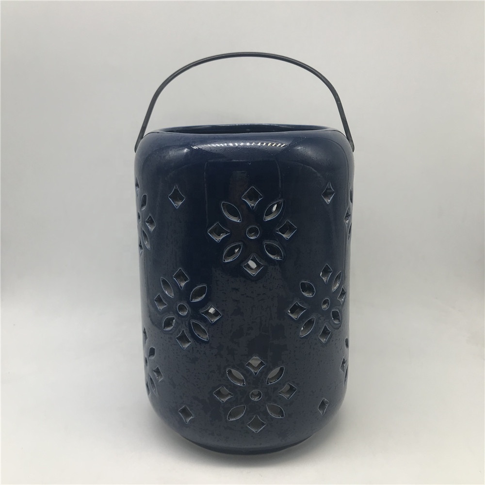 Blue ceramic hollow out lantern hanging porcelain candle holder
