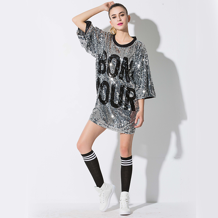 Wholesale Hip Hop Clothing Oversized Sequin Three-quarter Sleeve Loose T Shirt Dress for Women