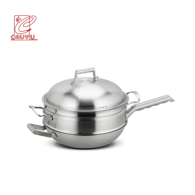 cast handle sanding stainlessless steel wok triply steel steamer pot double boiler