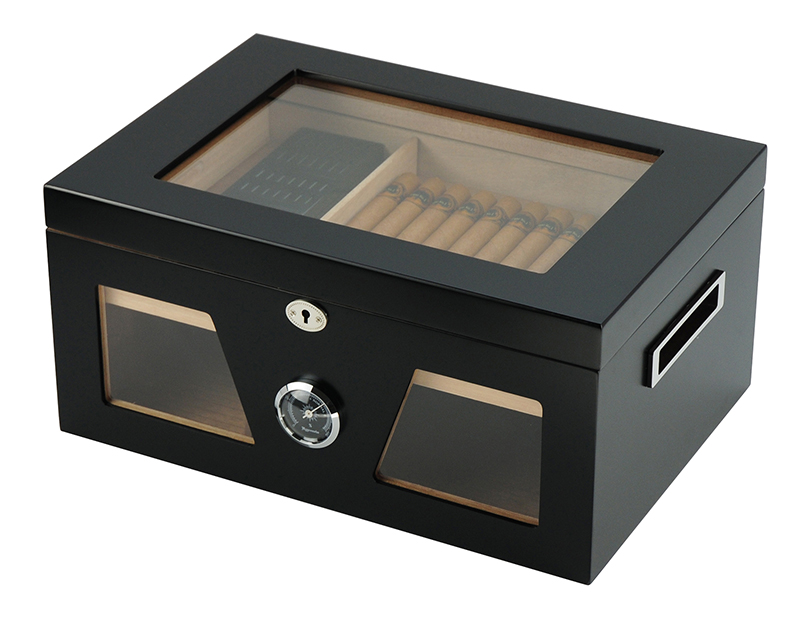 Modern Black Cedar Wood Cigar Humidor Box for Packaging Glass Top to Display