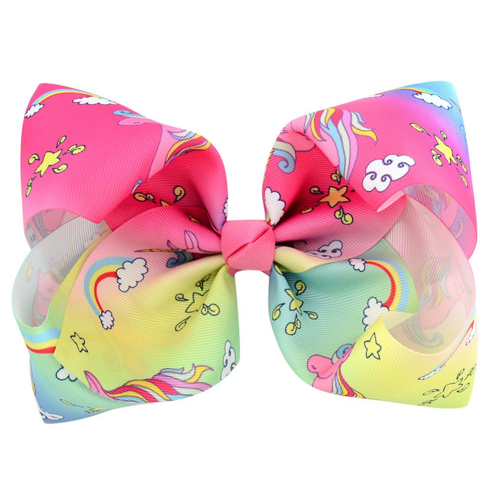 1 шт 8 "JoJo Луки большой Радужный Единорог лук-узел печати Grosgrain ленты волос луки с зажимом Дети аксессуар для волос ручной работы D640