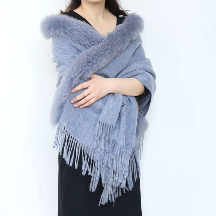 New Arrival Ladies Woven Wool Blended Long Women Big Stole Shawls With Fox Fur Trim