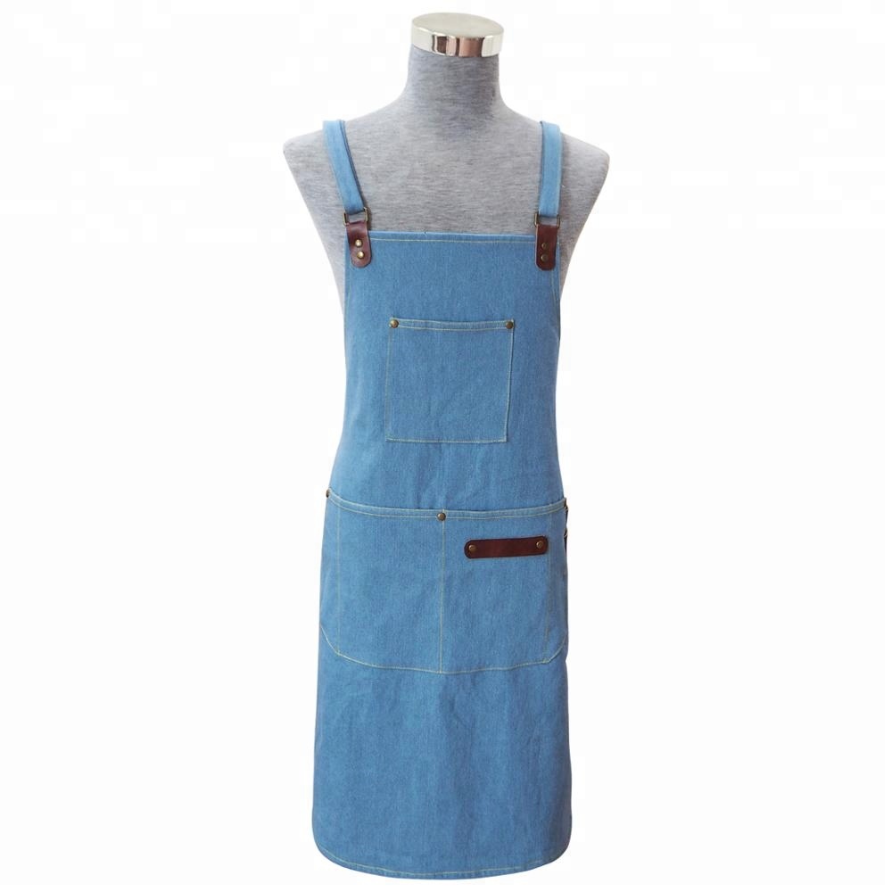 Light blue functional apron with tool pocket for barista/waiter Denim/jeans apron kitchen apron
