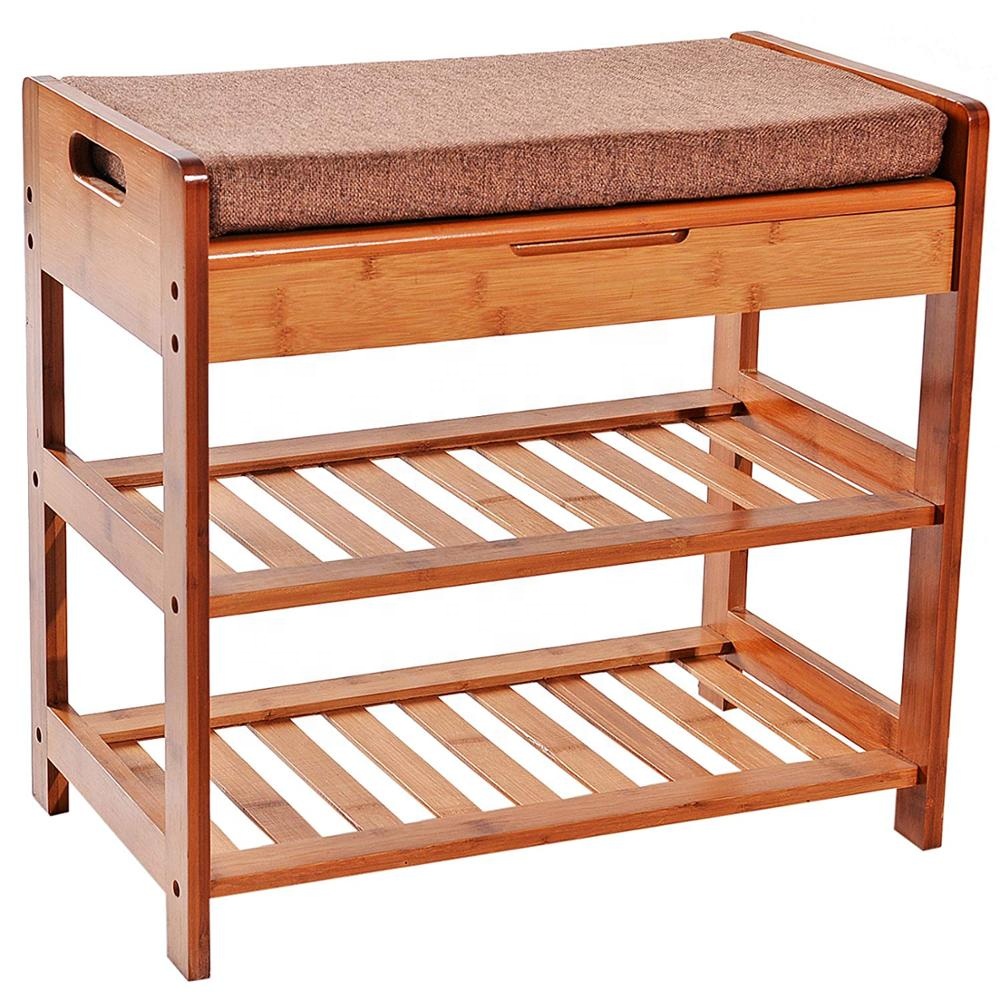 2 уровня натуральный полка для обуви из бамбука FootStool с подушкой и ящиком для хранения сверху