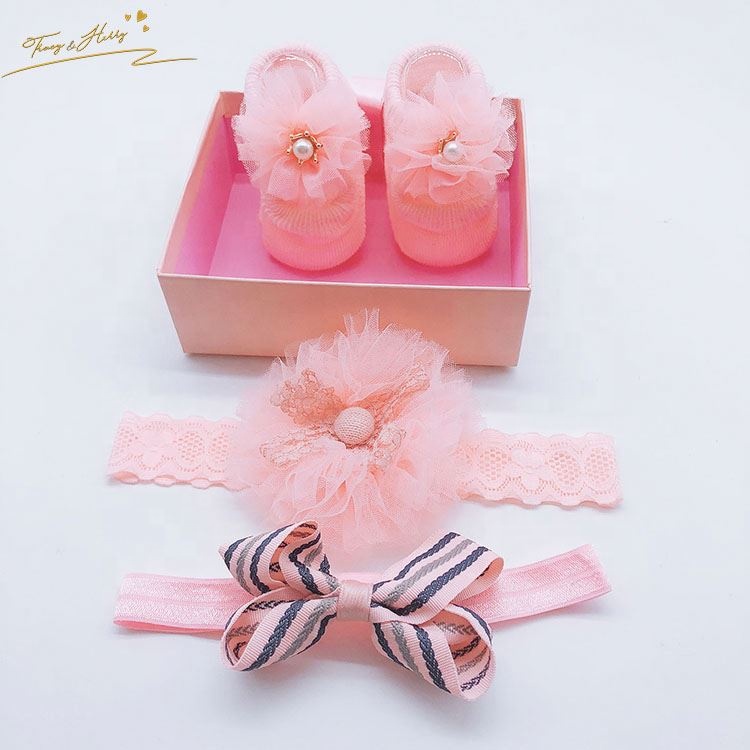 Professional made bowknot headband handmade stylish flower baby socks set socks headband set