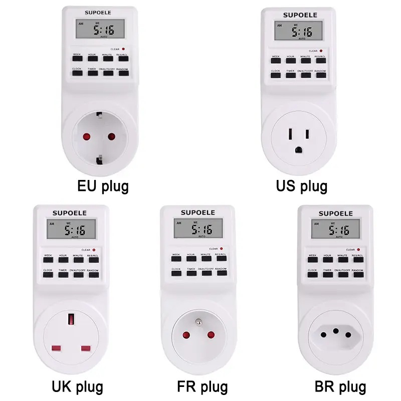 SUPOELE Brand EU UK US FR BR Plug Digital Weekly Programmable Electrical Wall Plug-in Power Socket Timer Switch 220V 110V AC