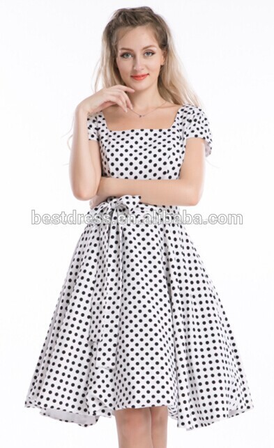 2014 горячей продажи дешевые bestdress новая винтаёная белый с черными горошек рокабилли платье