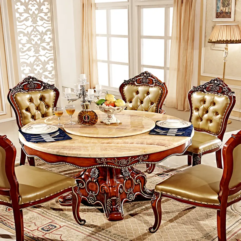 American antique brown color marble dining table and chairs set